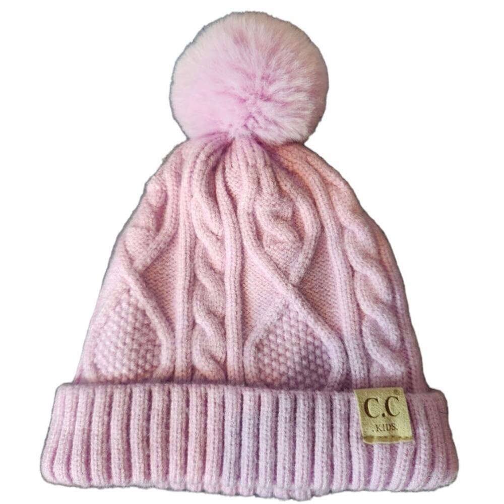 CC‎ kids cable knit lined stocking hat with pom pink/purple